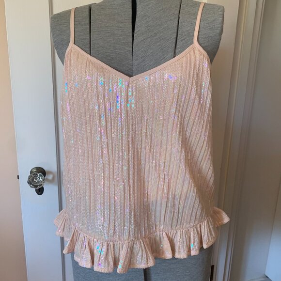 NWT Anthropologie Sz 4 Cami Top Amelie Pale Pink Rose Sequin Ruffle Iridescent - Picture 2 of 7